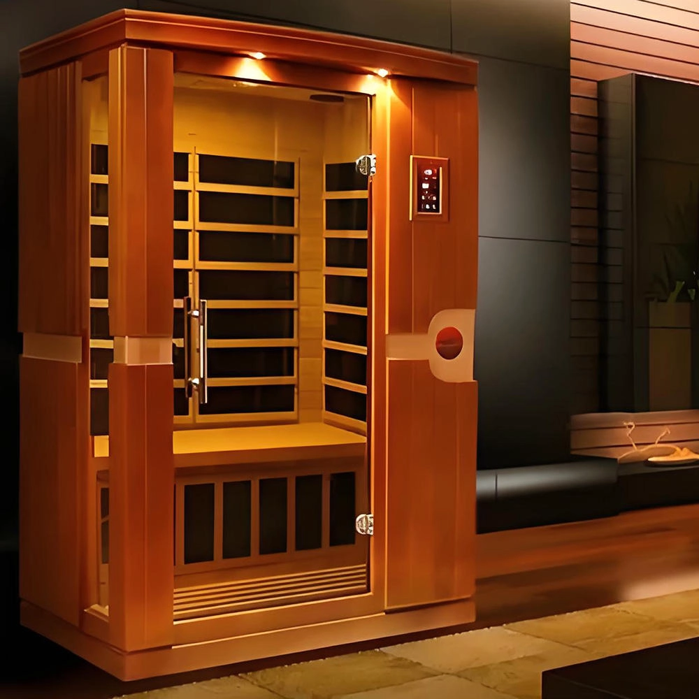 Luxury Curved Glass Corner Sauna Room 2 Person Infrared Corner Sauna Wooden Home Sauna Cabin