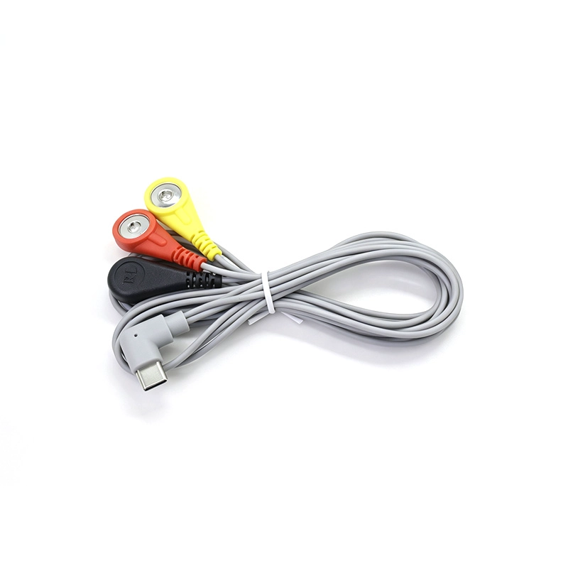 China USB-C 90° Right Angle to 3-Lead 4.0mm ECG Female Snap Electrode Cable manufacturer