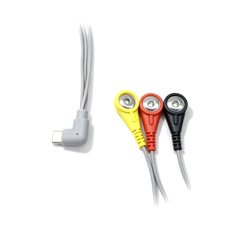 China USB-C 90° Right Angle to 3-Lead 4.0mm ECG Female Snap Electrode Cable manufacturer