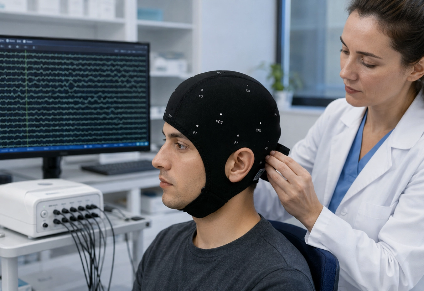 غطاء قطب كهربائي لتخطيط كهربية الدماغ (EEG) ذو 32 قناة مع تحديد موضع القطب الكهربائي من 10 إلى 20