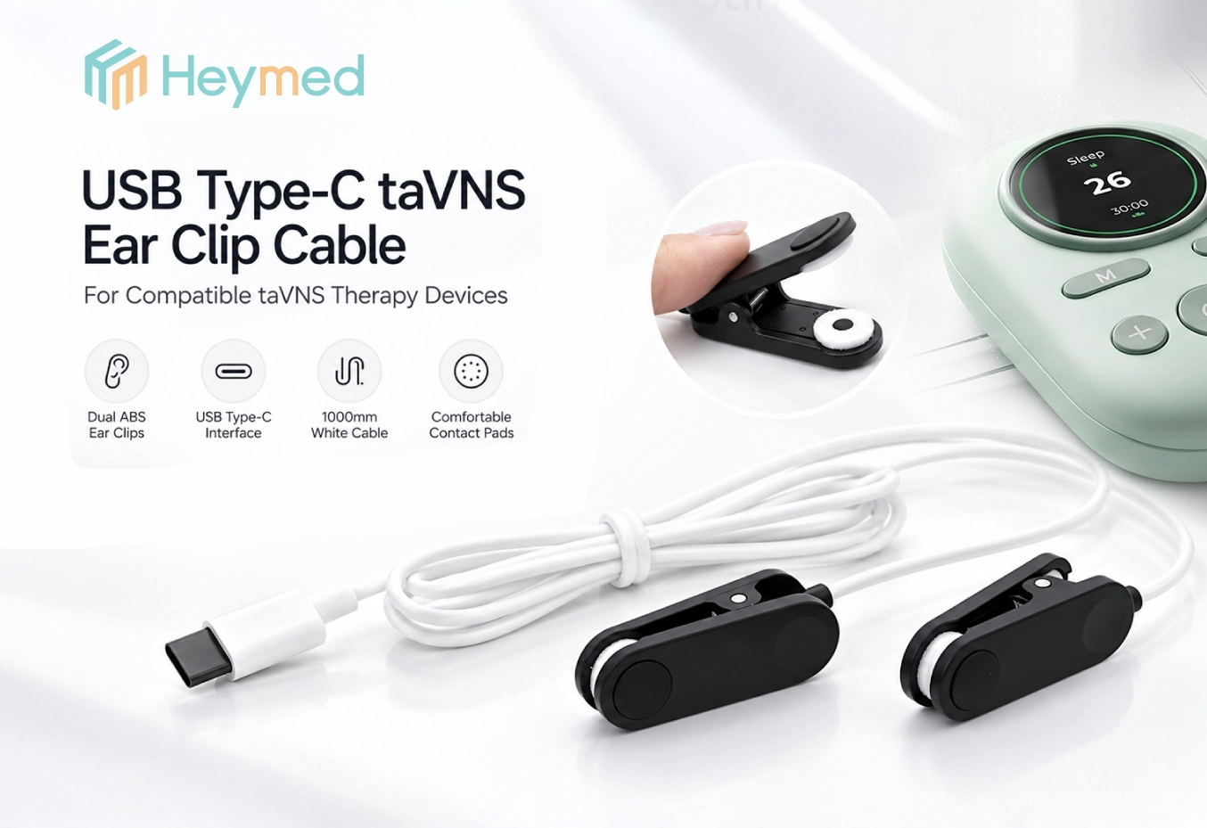 USB Type-C 公头转双 ABS 耳夹电极电缆，1m 白色