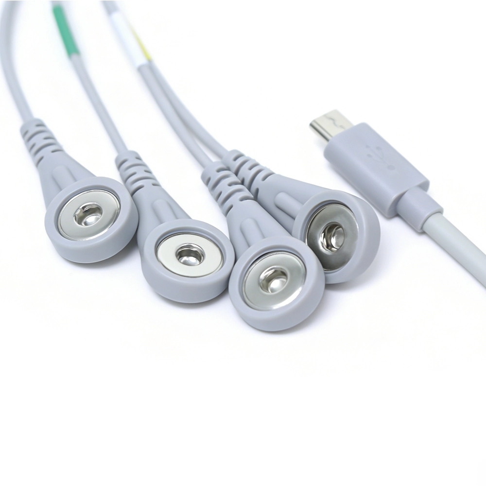 China Micro-USB mannelijk naar vier 4,0 mm vrouwelijke klikelektrodekabel met gegoten trekontlasting fabrikant