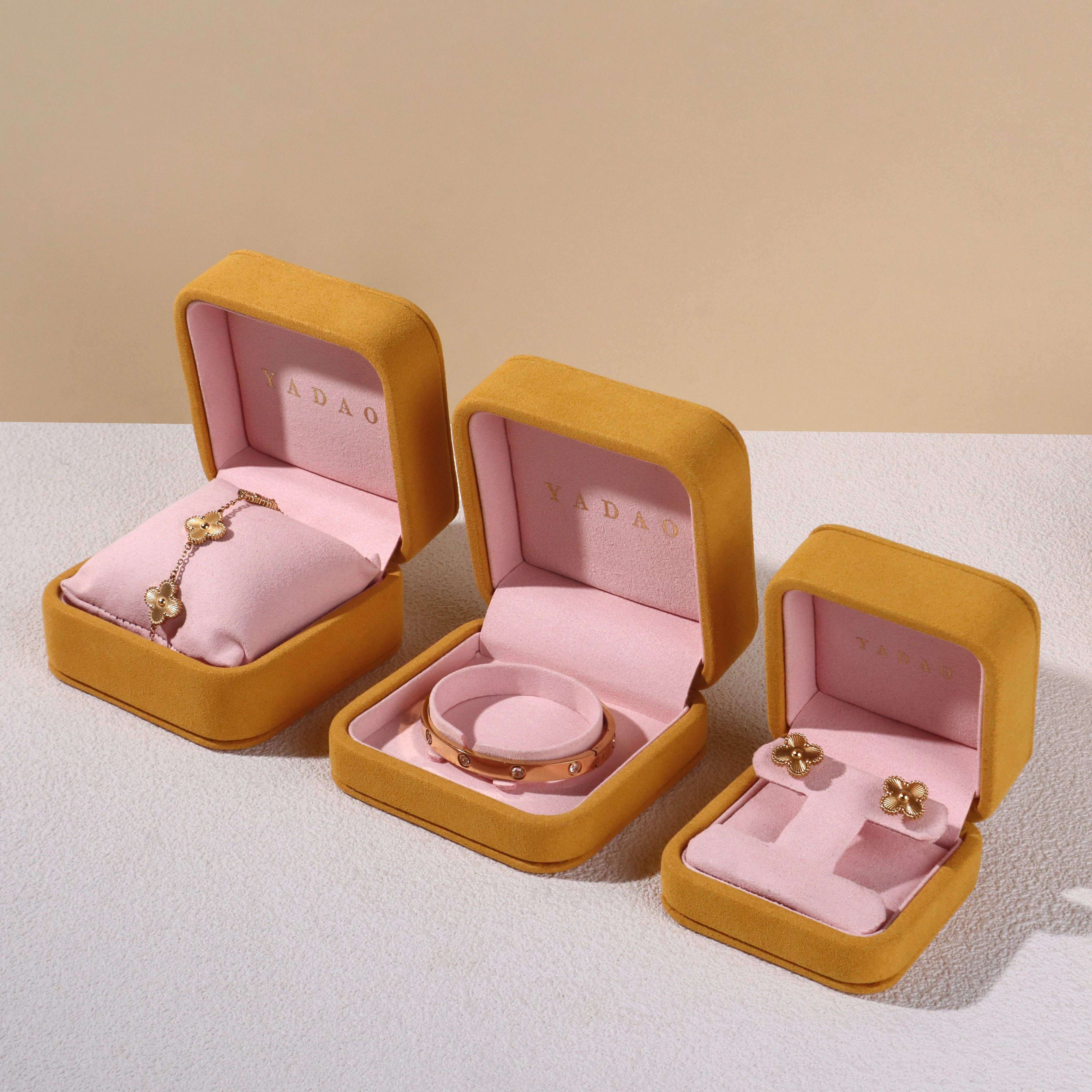 Hochwertiger Schmuck-Organizer aus bernsteinfarbenem Samt, ideale Geschenk-Ringbox