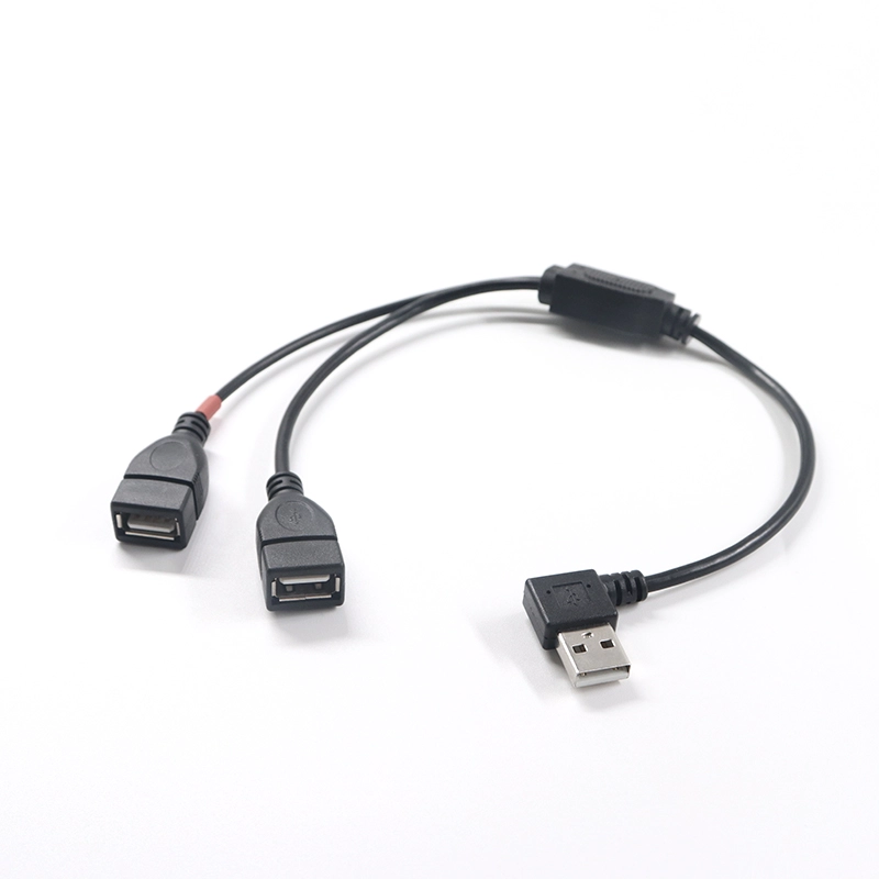 China 90 graus ângulo reto USB 2.0 A macho para 2 USB fêmea conector Y divisor cabo adaptador cabo de alimentação fabricante