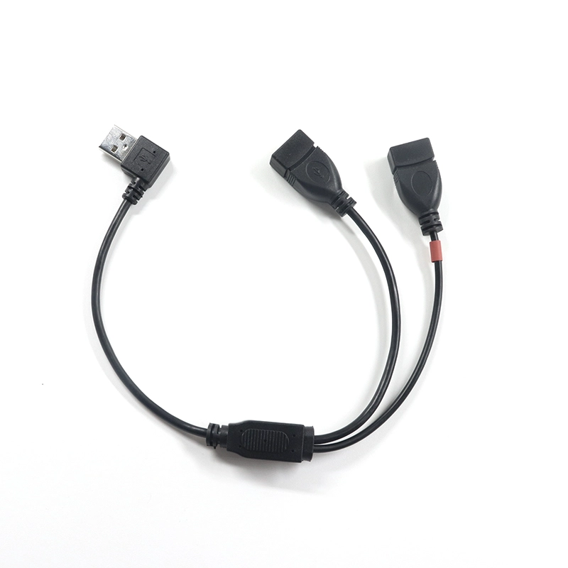 China 90 graus ângulo reto USB 2.0 A macho para 2 USB fêmea conector Y divisor cabo adaptador cabo de alimentação fabricante