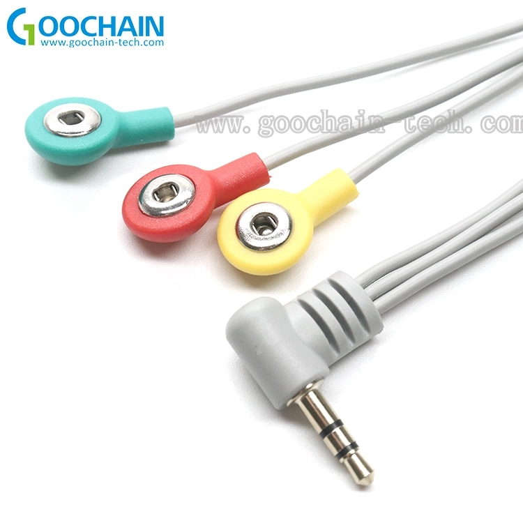 China Right angle 3.5mm stereo audio jack to 3 lead 2.5mm ecg snap button ECG EEG electrode cable manufacturer