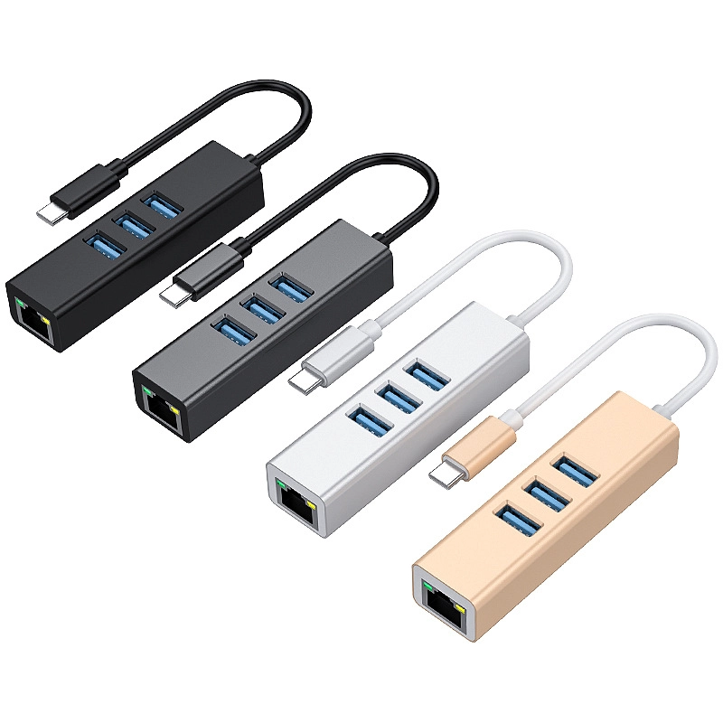 China 1000Mbps Gigabit 3 Poorten USB Type C 3.0 naar LAN Type C Hub USB Ethernet Adapter fabrikant