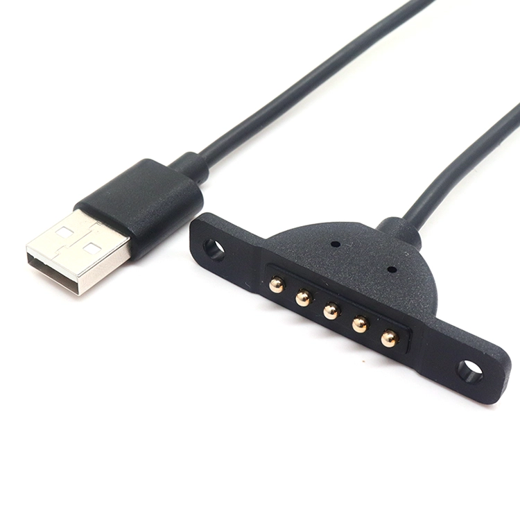China Customized USB 2.0 Male to 5pin Magnetic Charging Cable Pogo Pin Spring Loaded Connector Charger Cable manufacturer