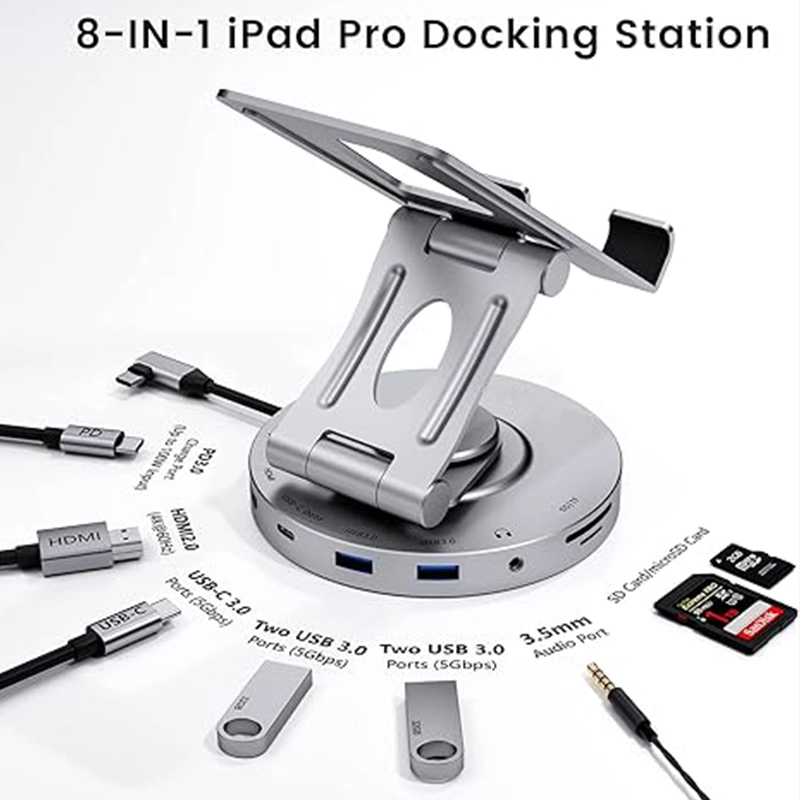 China Hub USB C para estação de acoplamento iPad Pro, suporte dobrável rotativo 8 em 1 para tablet tipo C com 4K HDMI, porta de dados USB C 3.0 fabricante