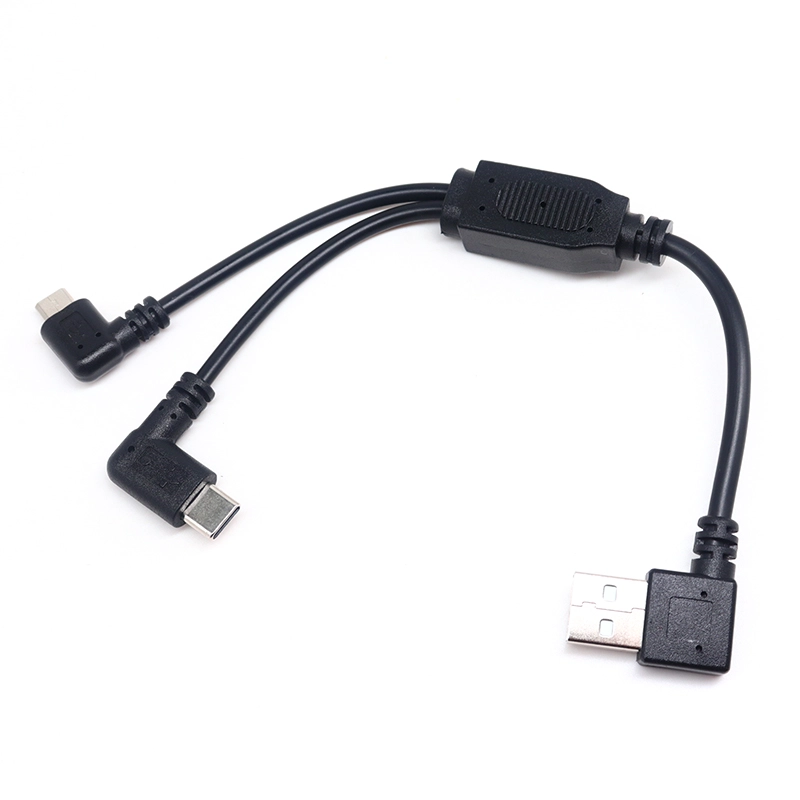 中国 左向き USB スプリッター ケーブル 90 度 USB 2.0 A オス - デュアル アングル タイプ C マイクロ USB 5p 充電同期 Aアダプター コード メーカー