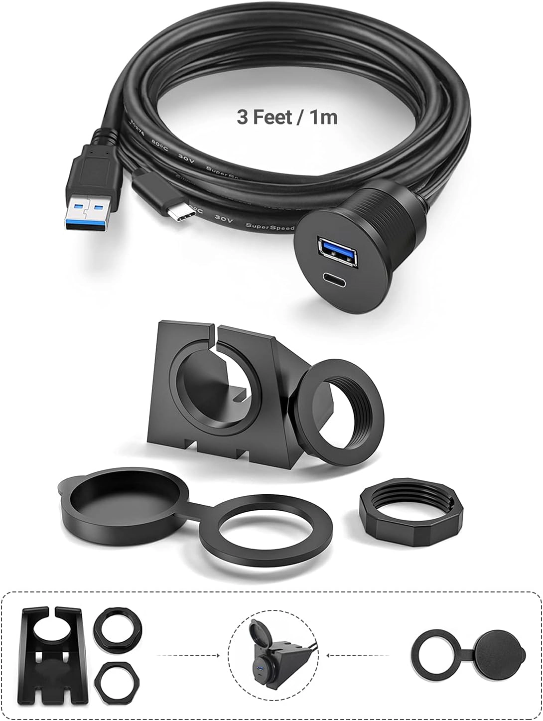 Çin USB 2.0 Su Geçirmez Panel Montajlı Dash Kablosu Motosiklet için USB 3.0 Tip C - Fabrika Doğrudan, Üreticiye Göre Özelleştirilebilir üretici firma
