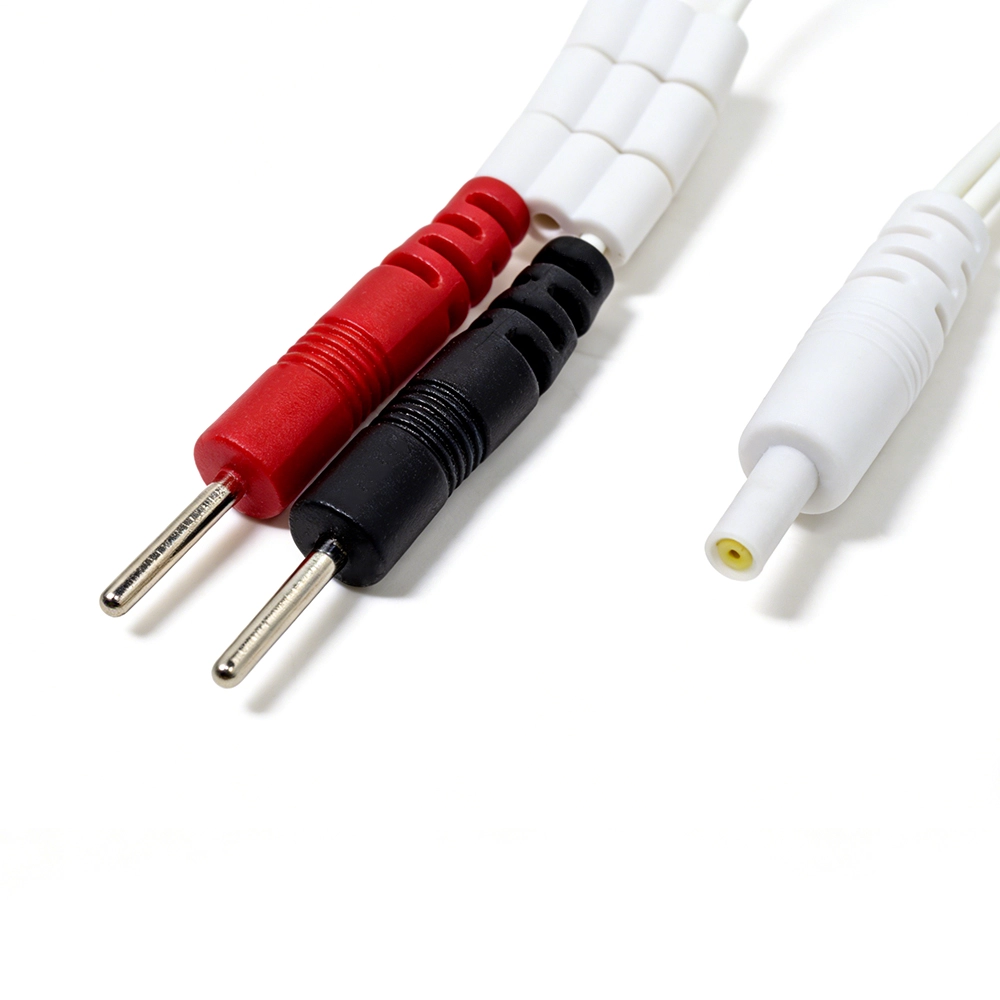 China DC 2,35 mm naar dubbele 2,0 mm elektrodepin medische kabel met drievoudige schuifregelaar – TENS/EMS fysiotherapie-geleidingsdraad fabrikant