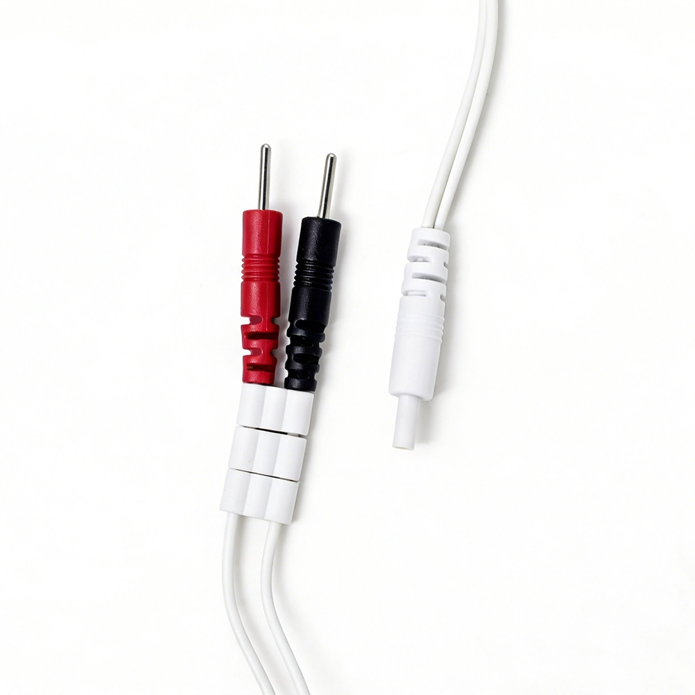 China DC 2,35 mm naar dubbele 2,0 mm elektrodepin medische kabel met drievoudige schuifregelaar – TENS/EMS fysiotherapie-geleidingsdraad fabrikant