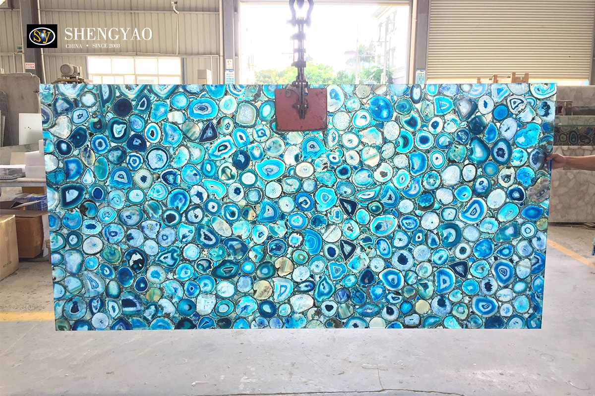 backlit blue agate slab