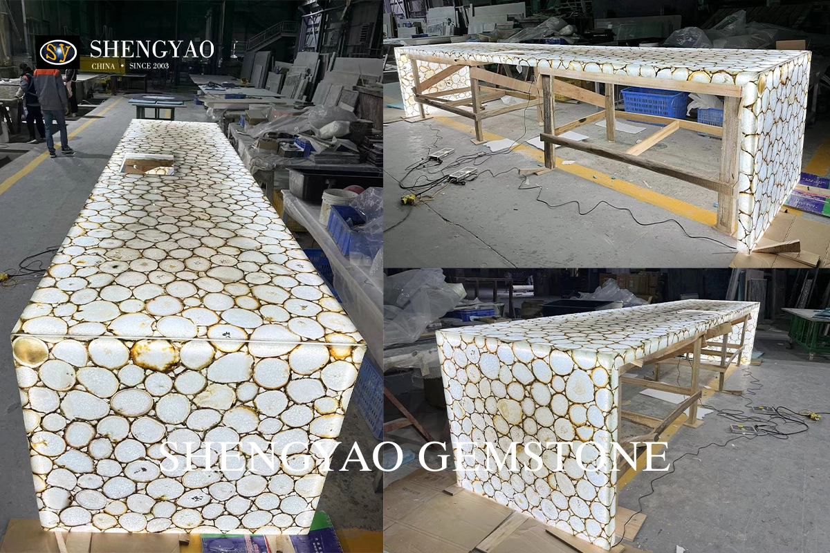 backlit white agate kitchen island countertop