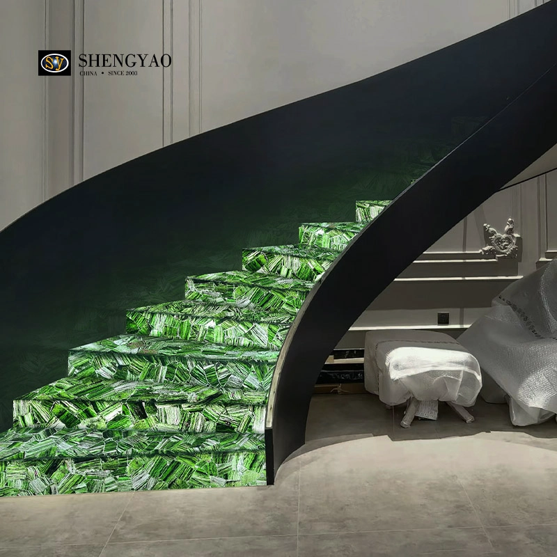 Red Emerald Backlit Stairs,Green Translucent Semi Precious Stone Slab
