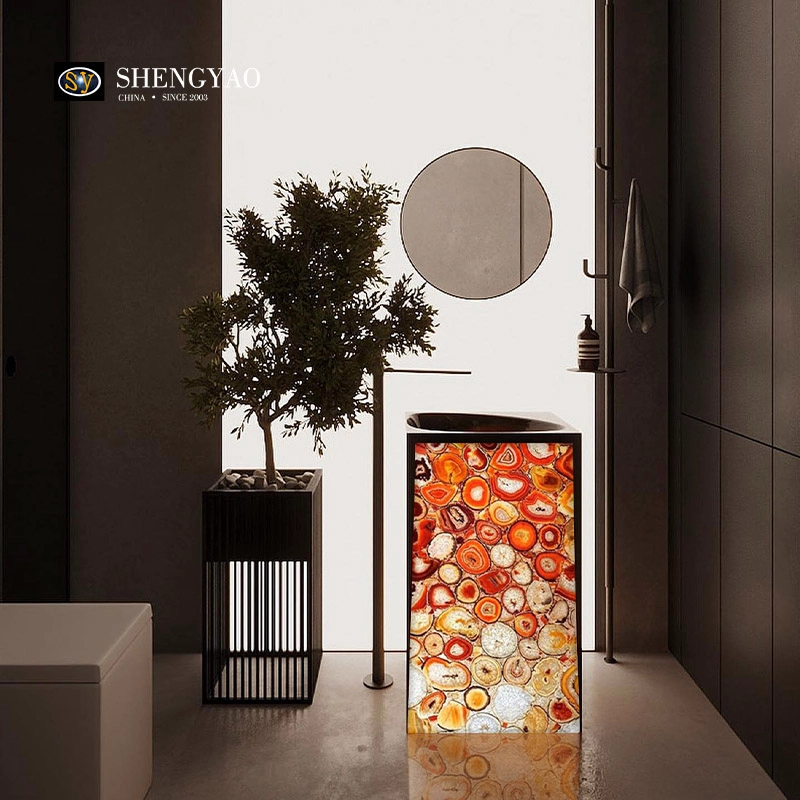 Backlit Red Agate Stone Washbasin,Luxury Bathroom Translucent Semiprecious Stone Sink