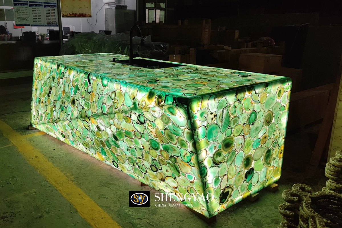 backlit translucent green agate kitchen island counter