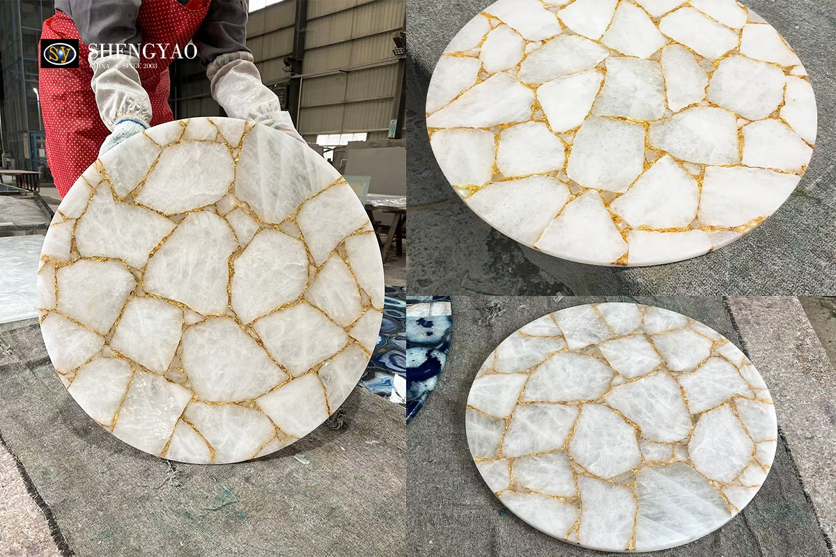 white crystal quartz table top with gold foil