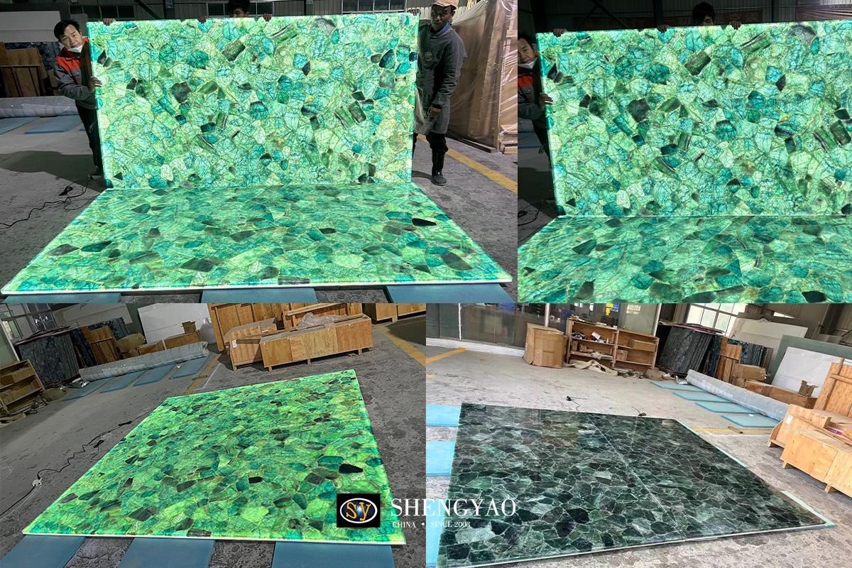 backlit translucent green crystal fluorite slab