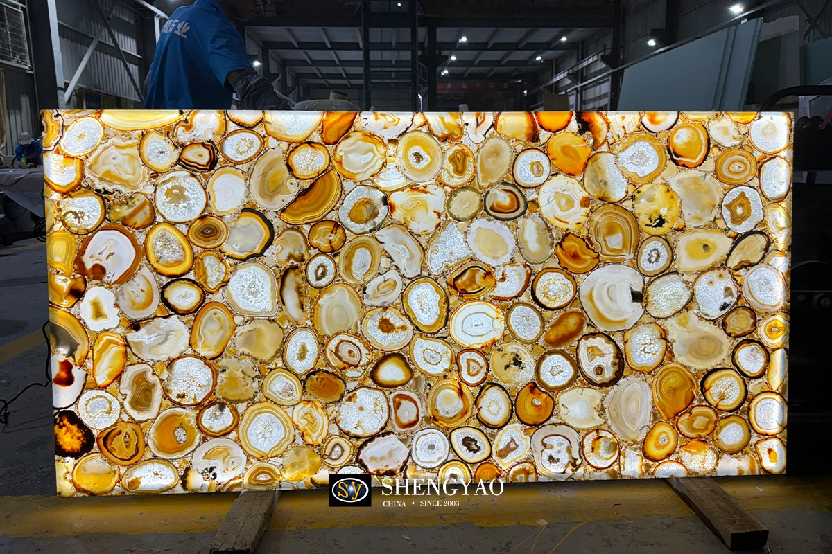 backlit translucent brown agate slab