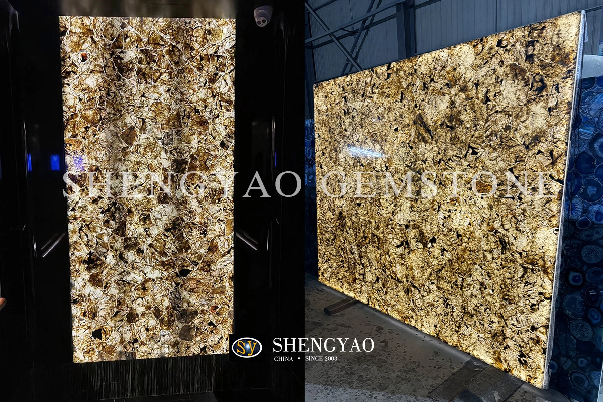 backlit translucent Labradorite slab