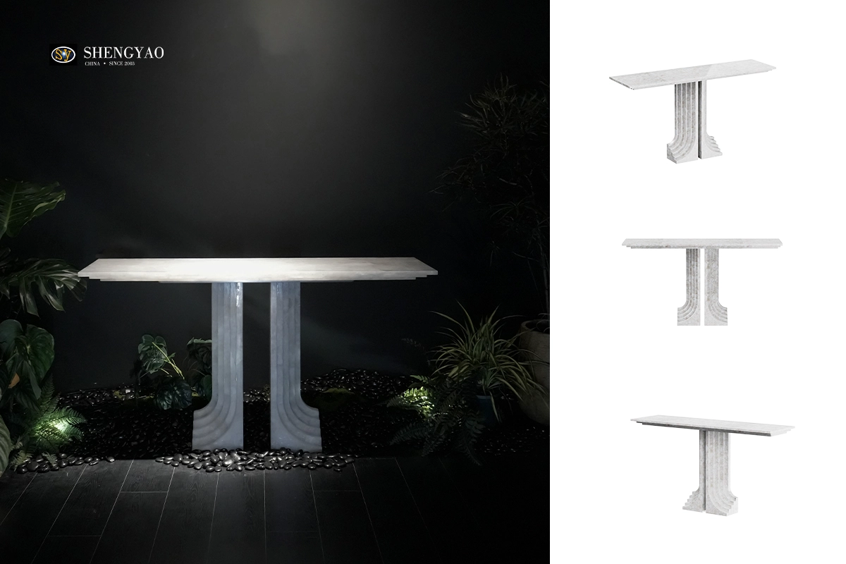 white crystal clear quartz console table