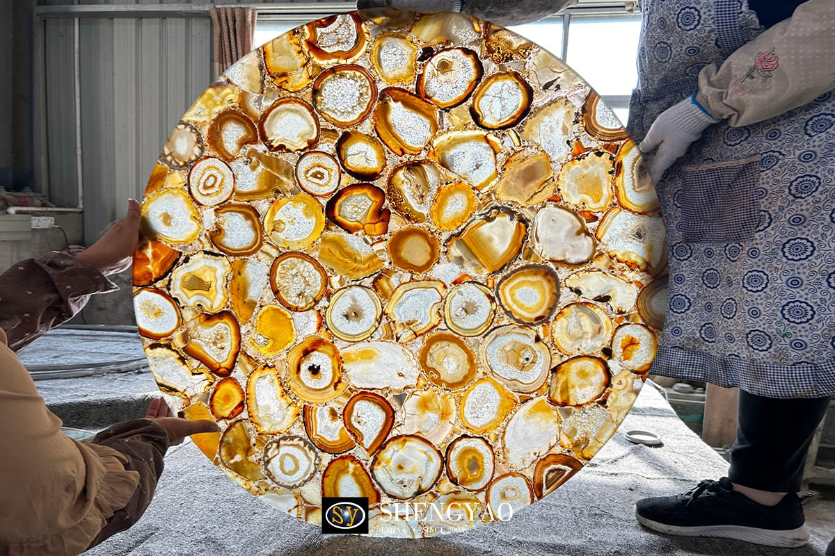 backlit brown agate stone table top