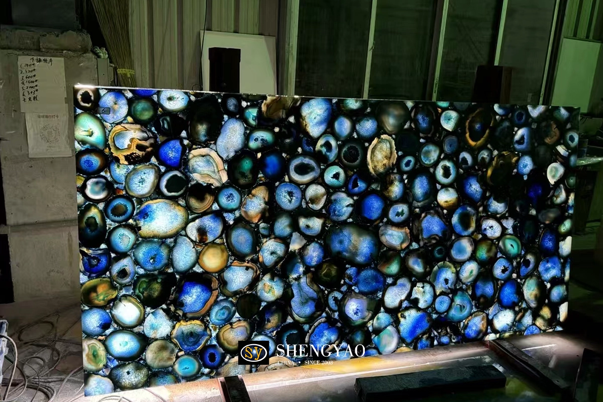 backlit solid blue agate stone slab