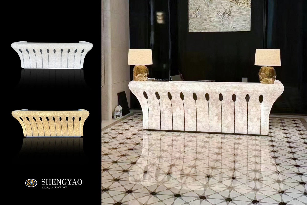 Backlit White Crystal Clear Quartz Reception Desk bar counter