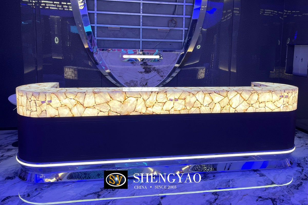 white crystal quartz translucent stone bar counter