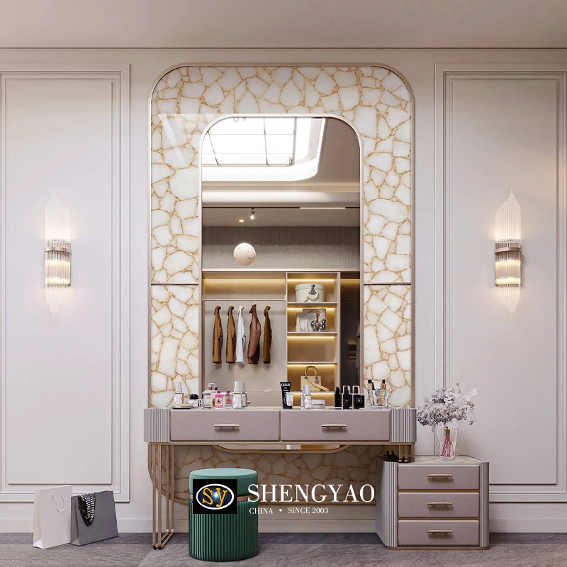 White Crystal Slab Inlaid With Gold Leaf Of Mirror Frame