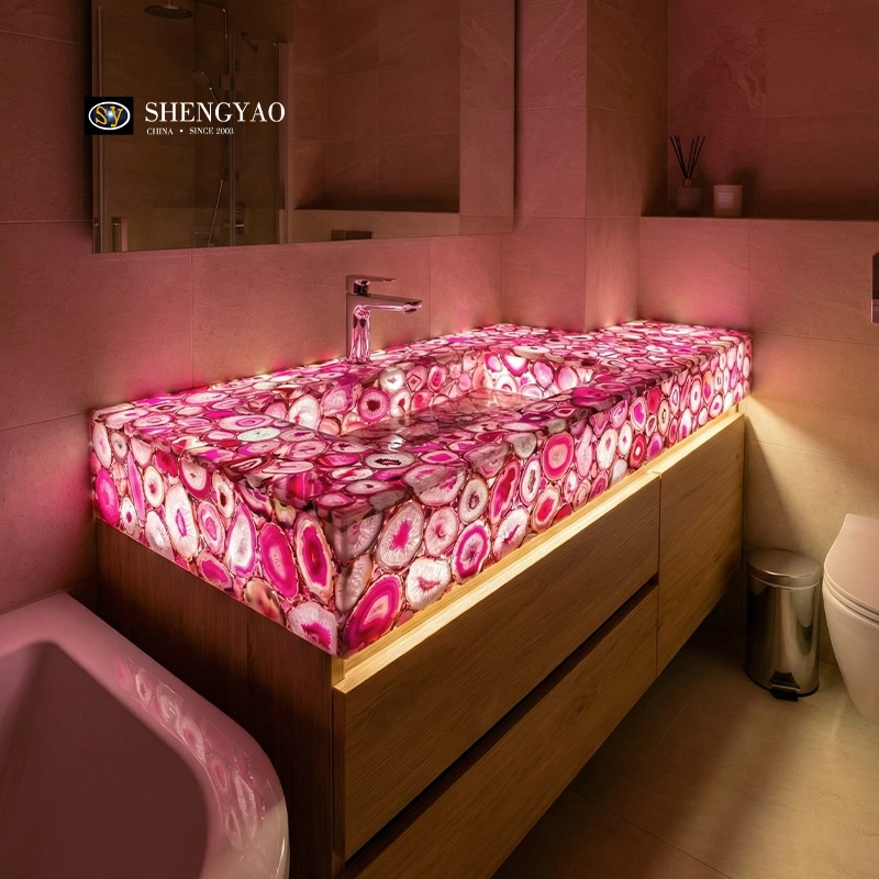 Losa de ágata rosa utilizada en tocador y fregadero retroiluminados