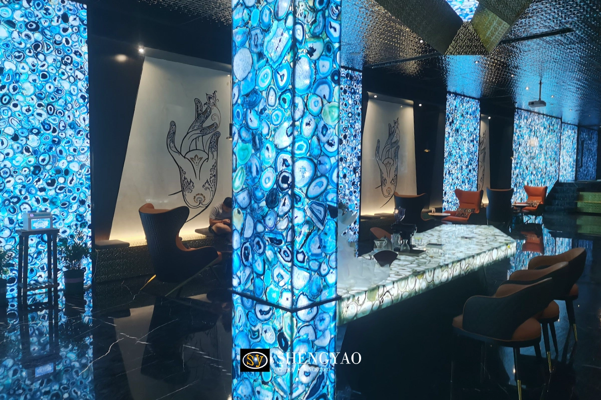 Backlit blue agate stone slab wall panel bar countertop