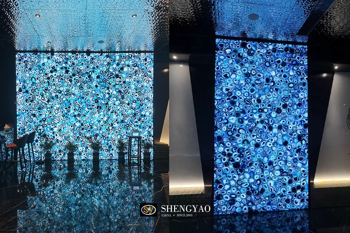 backlit blue semi precious stone slab factory