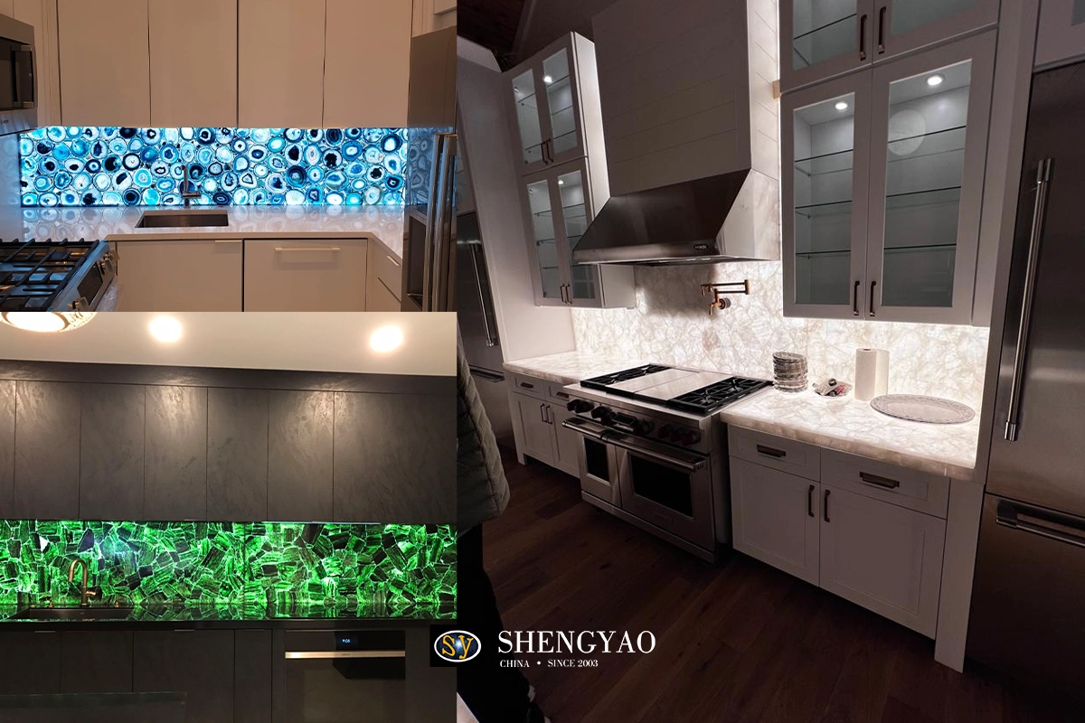 semi precious stone kitchen countertop and backsplash