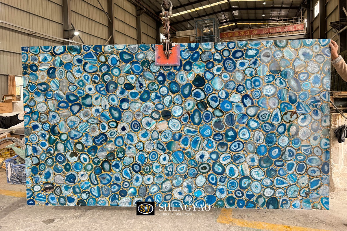 large size blue agate semi precious stone slab
