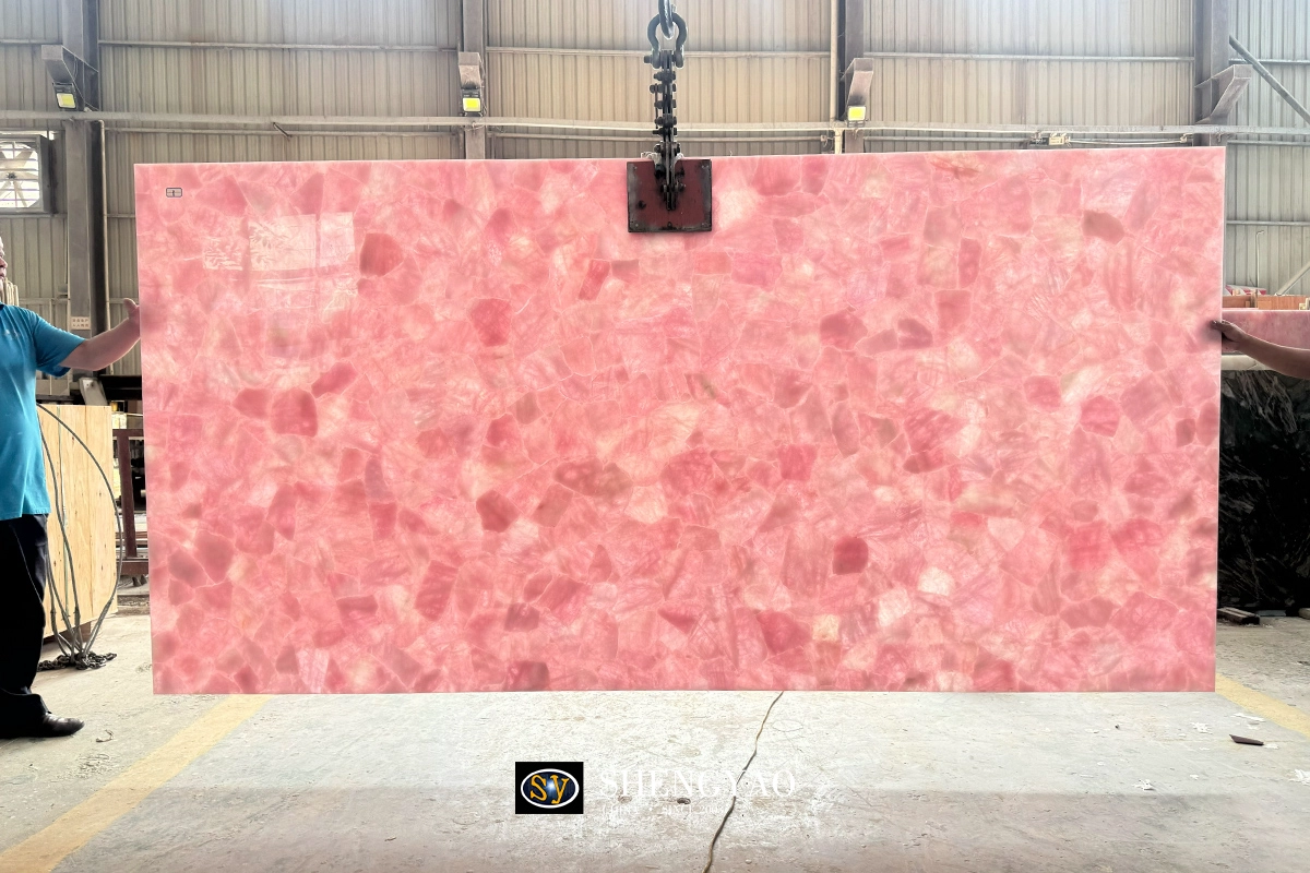 Large size rose quartz semi precious stone slab
