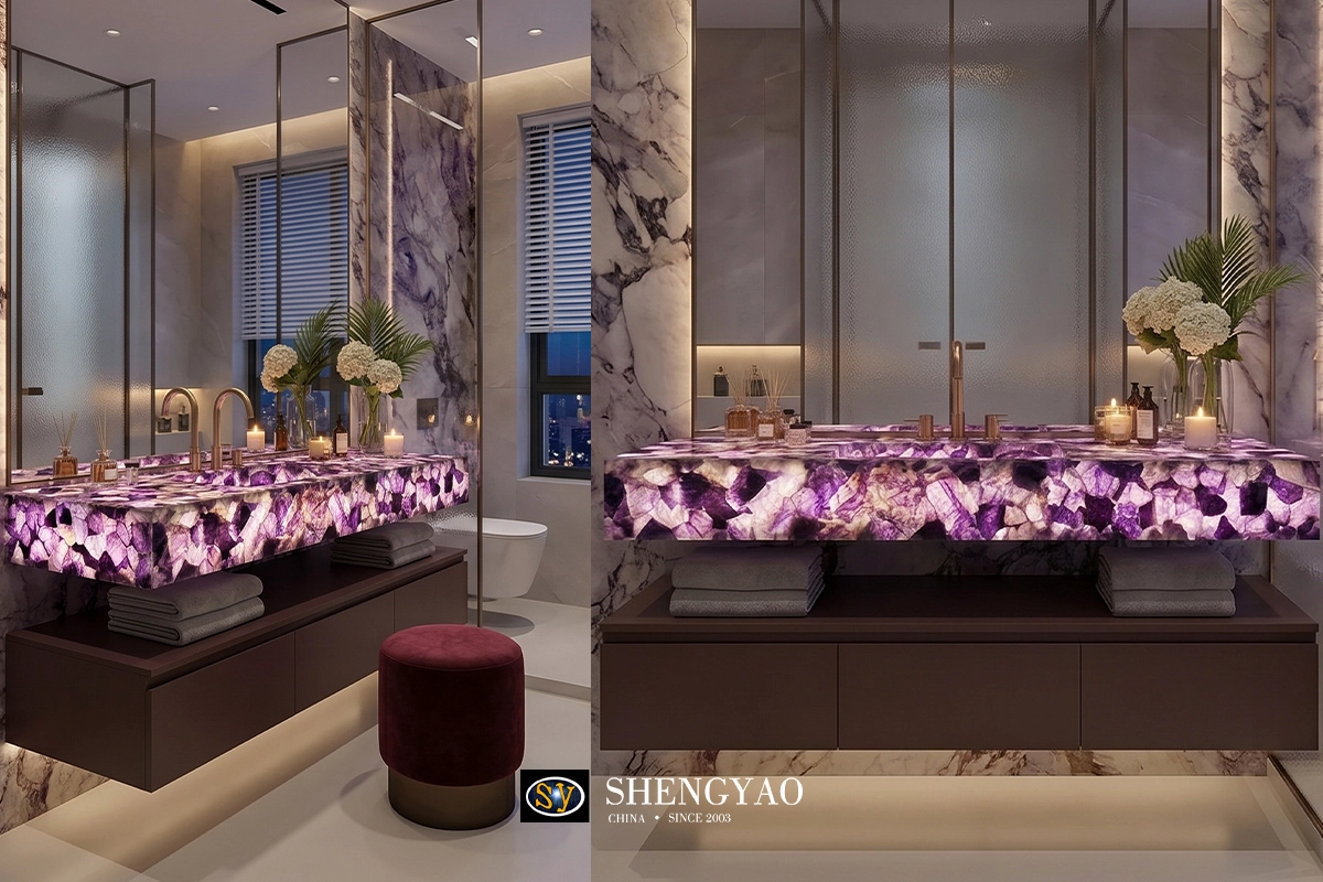 Purple Fluorite Amethyst Backlit Vanity Top Sink