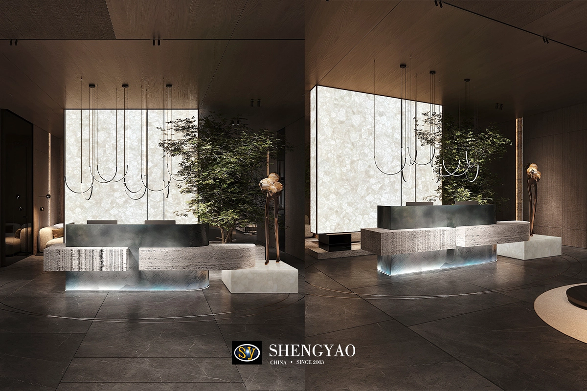 backlit white crystal quartz feature wall