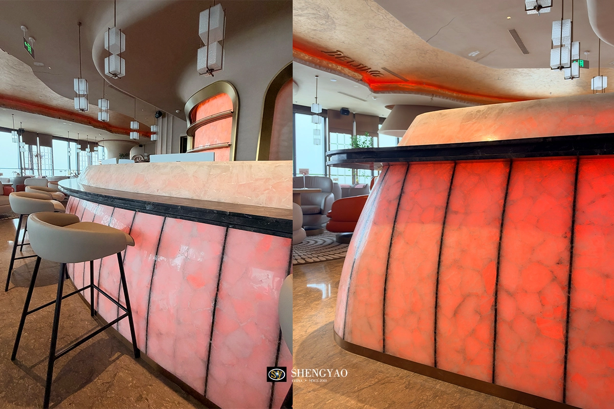 bancone bar personalizzato in quarzo bianco cristallino