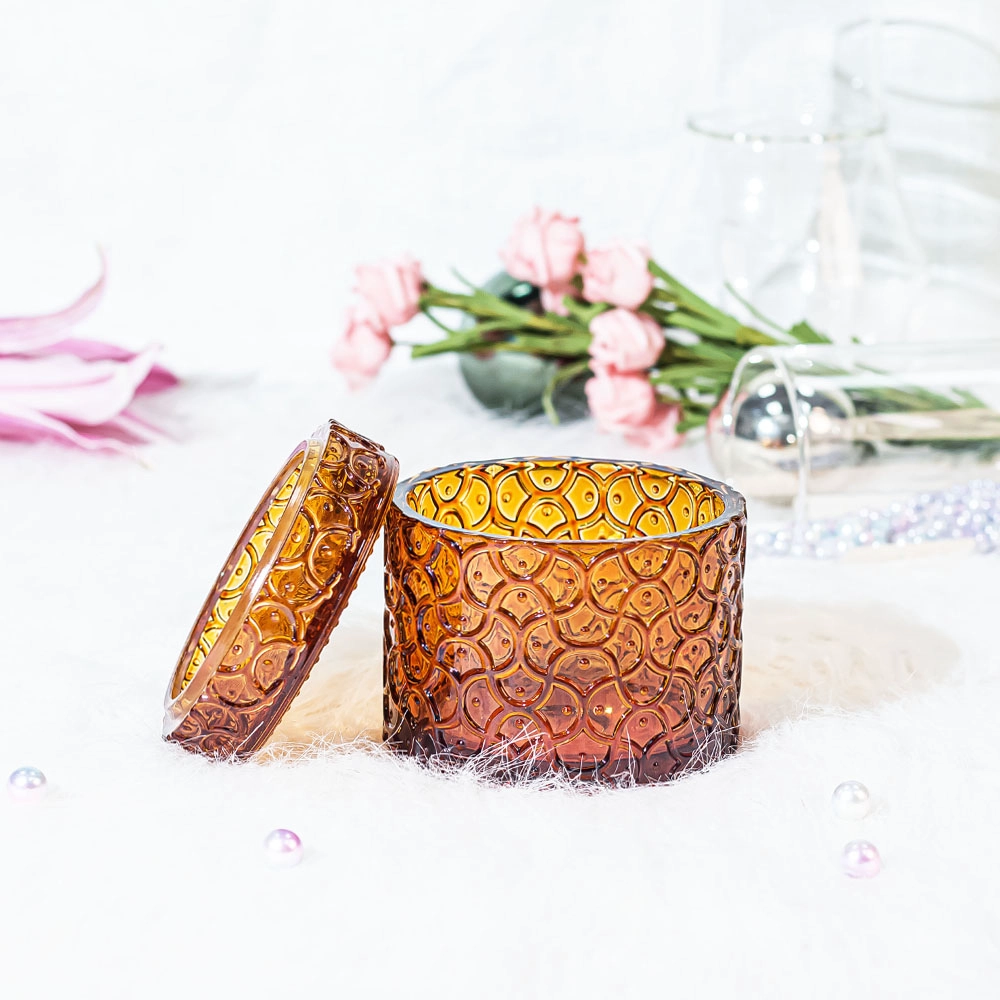 Embossment Glass Empty Votive Candle Jar with Lid On Sale