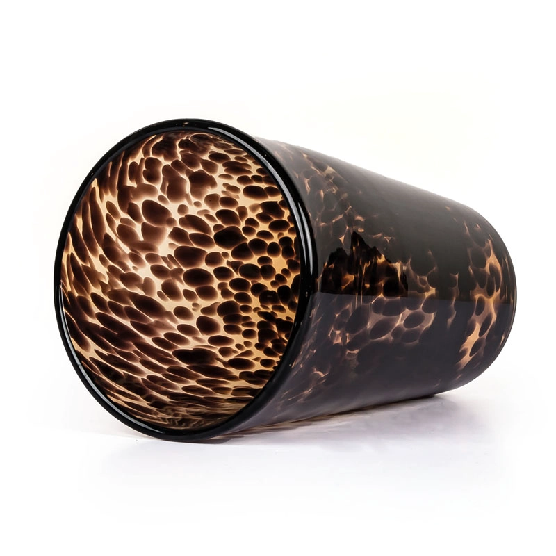 Tarro de vela de cristal cónico hecho a mano Estampado de animales en negro marrón para decoración del hogar