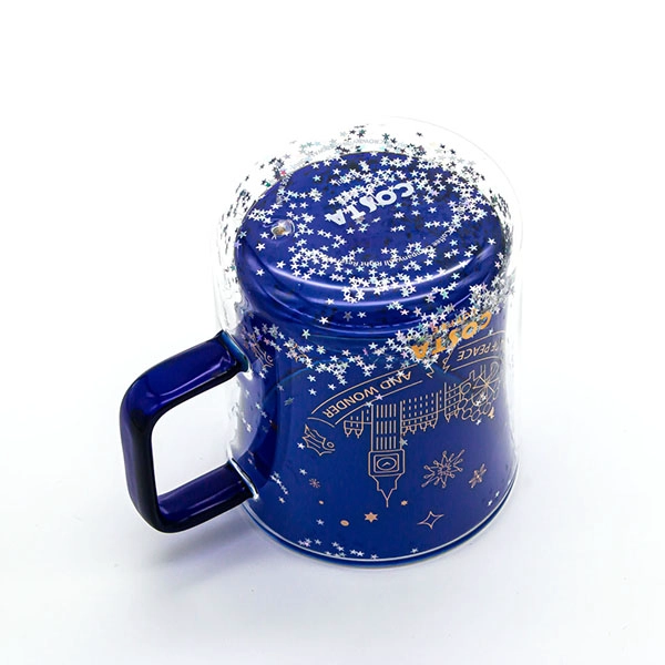 Taza de café de doble pared decorada con purpurina azul de gama alta de 13 oz