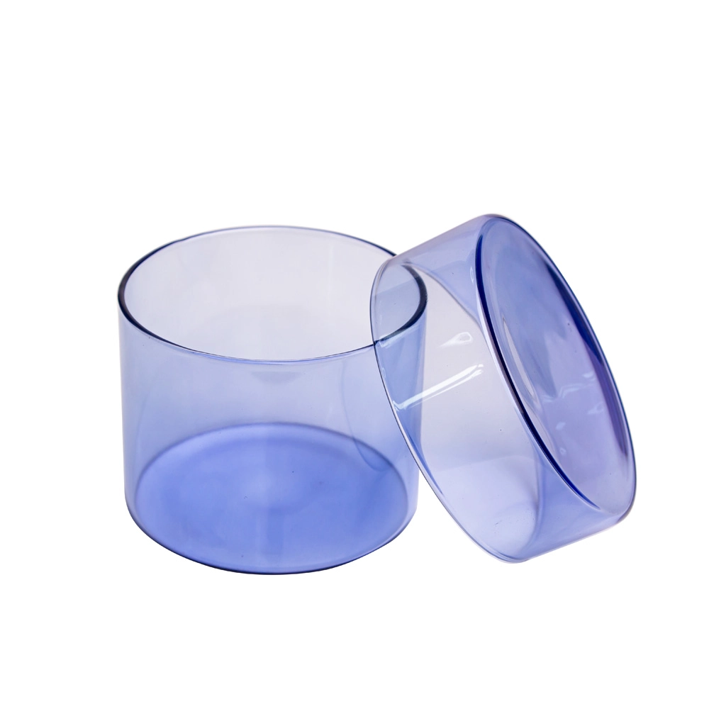 Jarra de vela de vidro borossilicato de luxo com tampa de vidro azul transparente