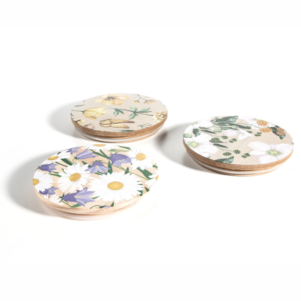 Couvercle en bois de pin brut avec fleurs d'impression CMJN pour verre à bougie