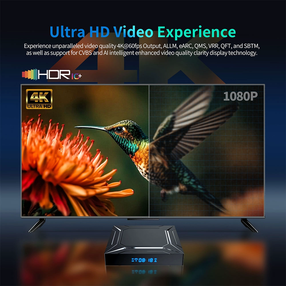 Amlogic S905X5M Smart TV Box with Android 14 Dual-Band WiFi AI-SR 4K Ultra HD HDR10 Support for Vivid Visuals