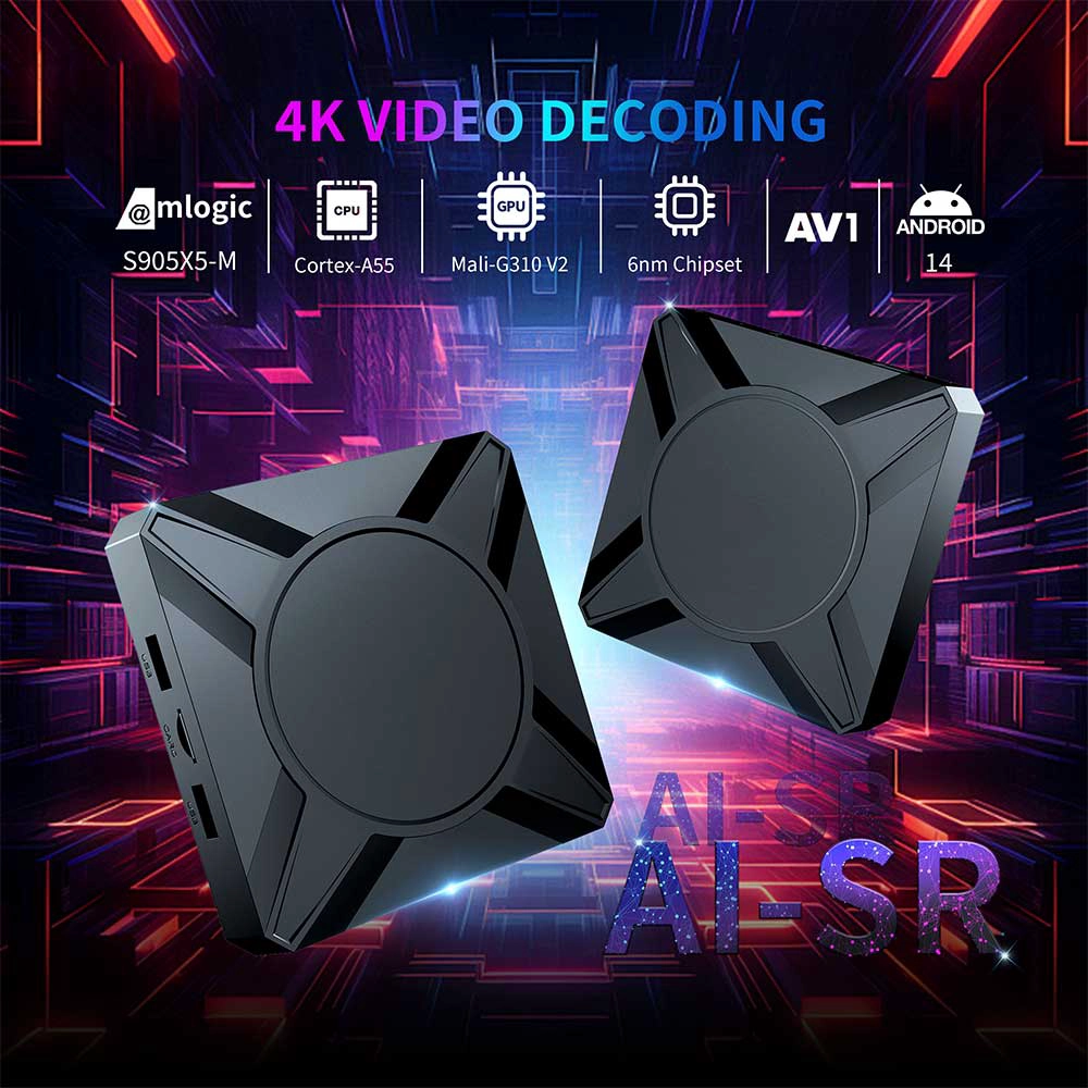 Amlogic S905X5-M Quad Core ARM Cortex A55 Mail G310 V2 6nm Chipset AV 1 Android 14 4K AI SR Dual WiFi Smart TV Box