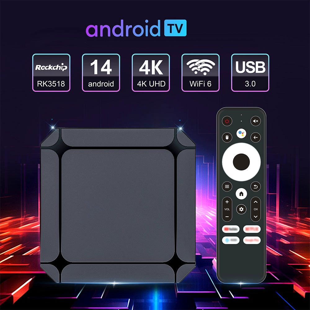 Smart TV Box Android 14 | RK3518 Quad-Core | 4K Ultra HD | WiFi 6 | Google TV OS