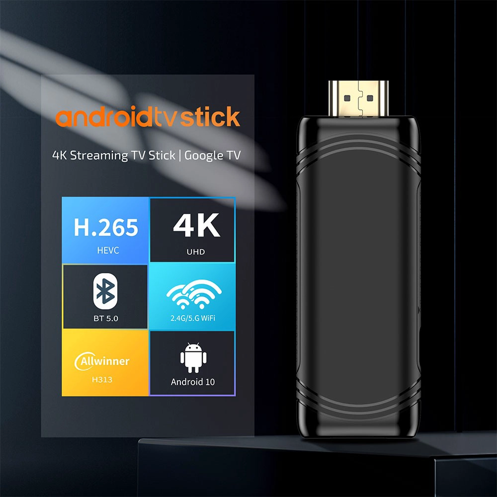 Android TV Stick 4K Allwinner H313 Quad Core – Dual-Band Wi-Fi, Android 10, 2 GB RAM Option